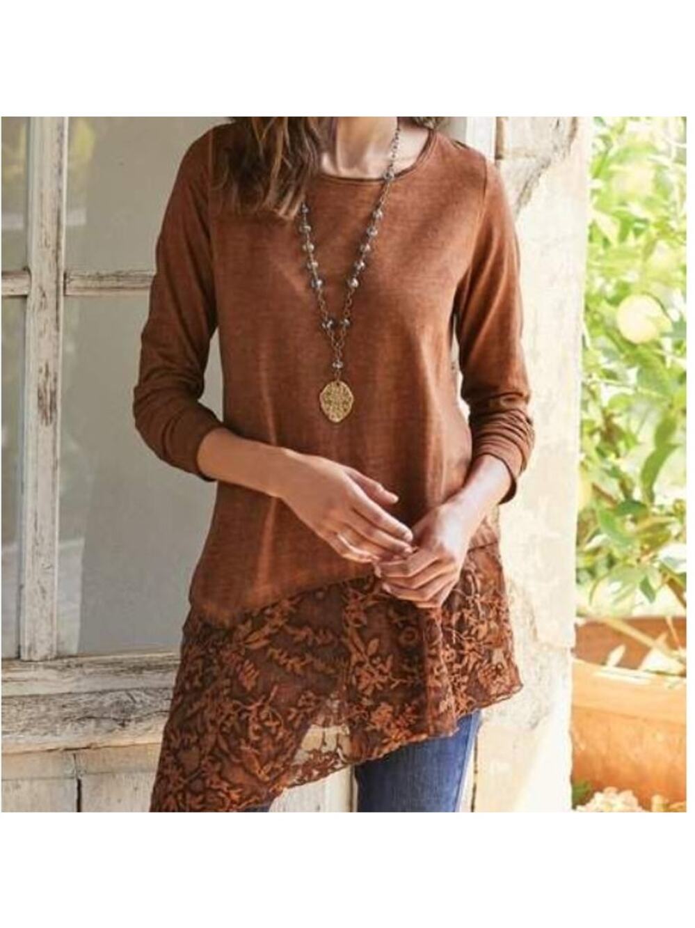 Soft Surroundings Nutmeg Brown Cassia Asymmetrical Lace Tunic Top